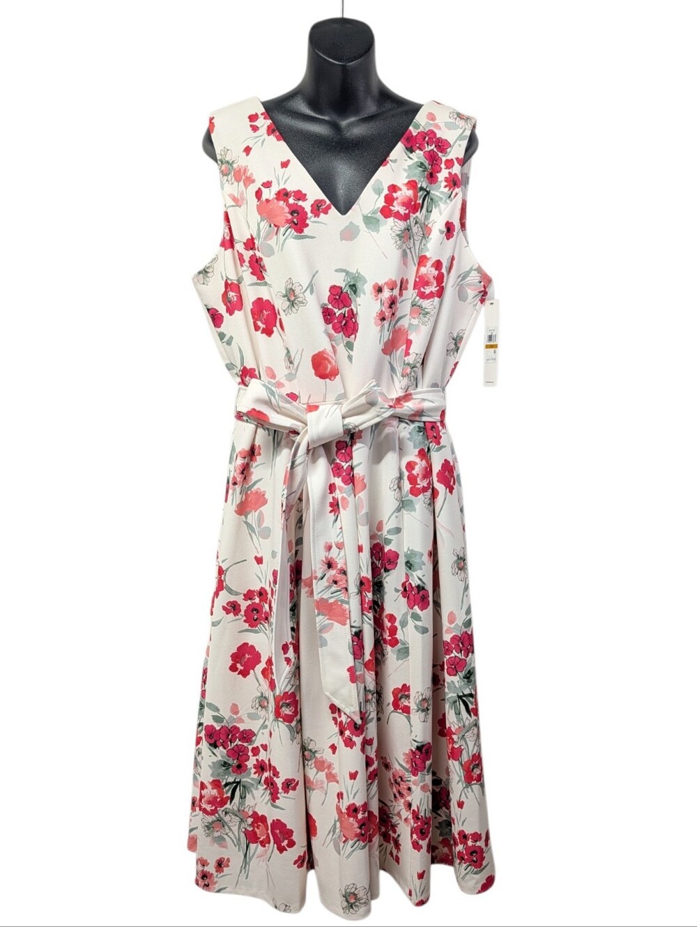 Calvin Klein Womens Plus Size 16W Sleeveless VNeck Floral Belted Midi Dress NWT